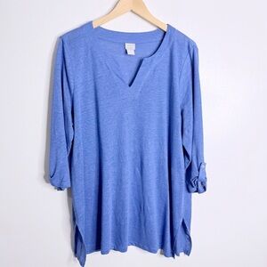 Chico’s Blue Linen Tunic Top Pull Tab‎ Sleeves V-Neck Side Slit Large Chico’s 2